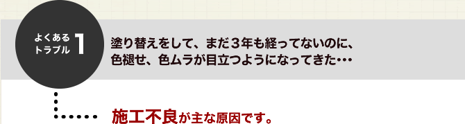 よくあるトラブル１．塗り替えをして、まだ３年も経ってないのに、色あせ、色ムラが目立つようになってきた・・・施工不良が主な原因です。